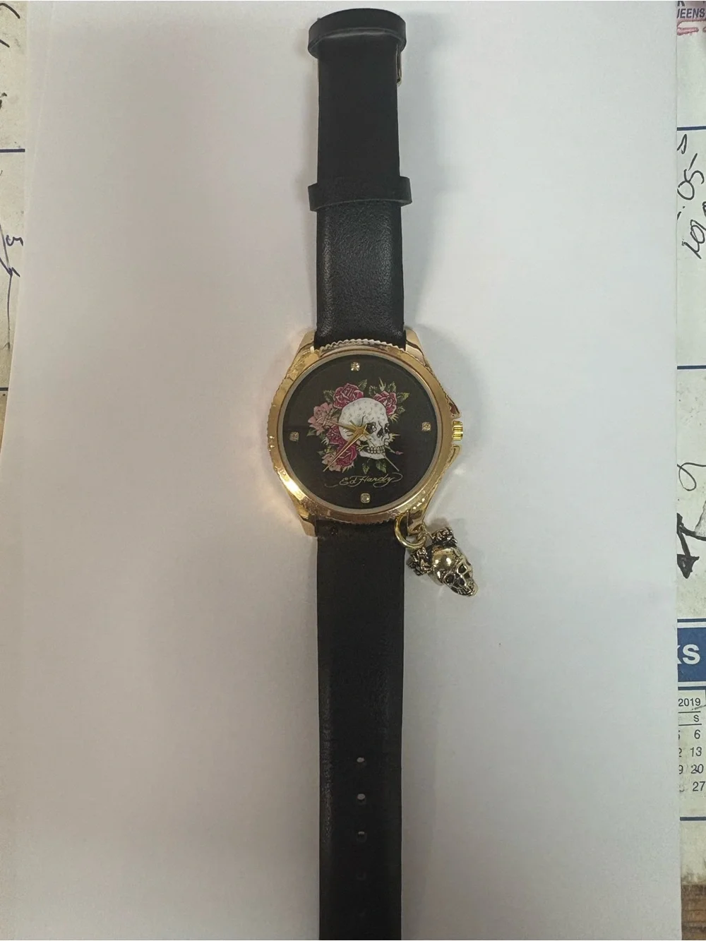 Ed Hardy Black Strap Watch with Floral Dial and Pink Details